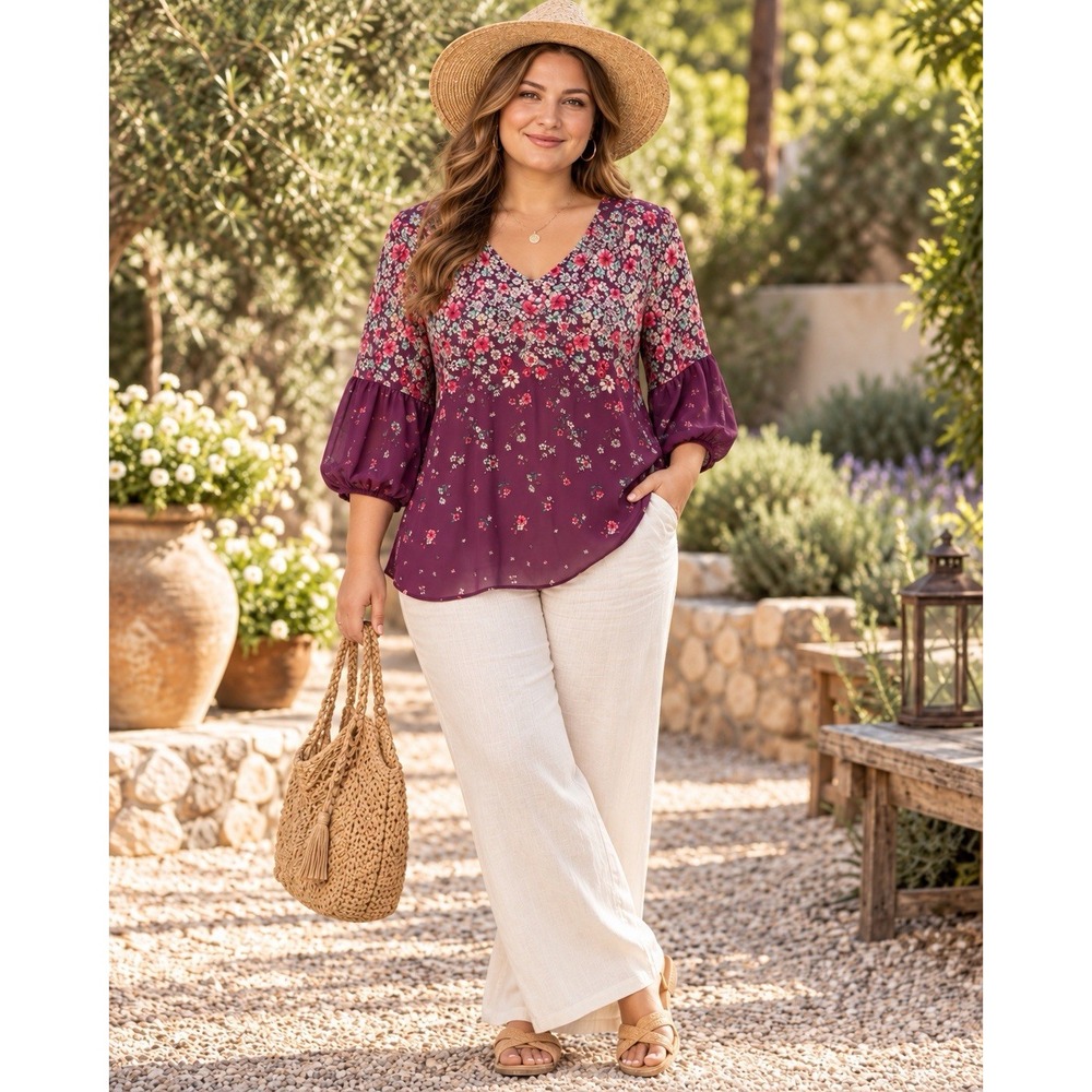 Collective Concepts 1X Purple Floral Boho Blouse Puff Sleeve Peasant Top JJ06